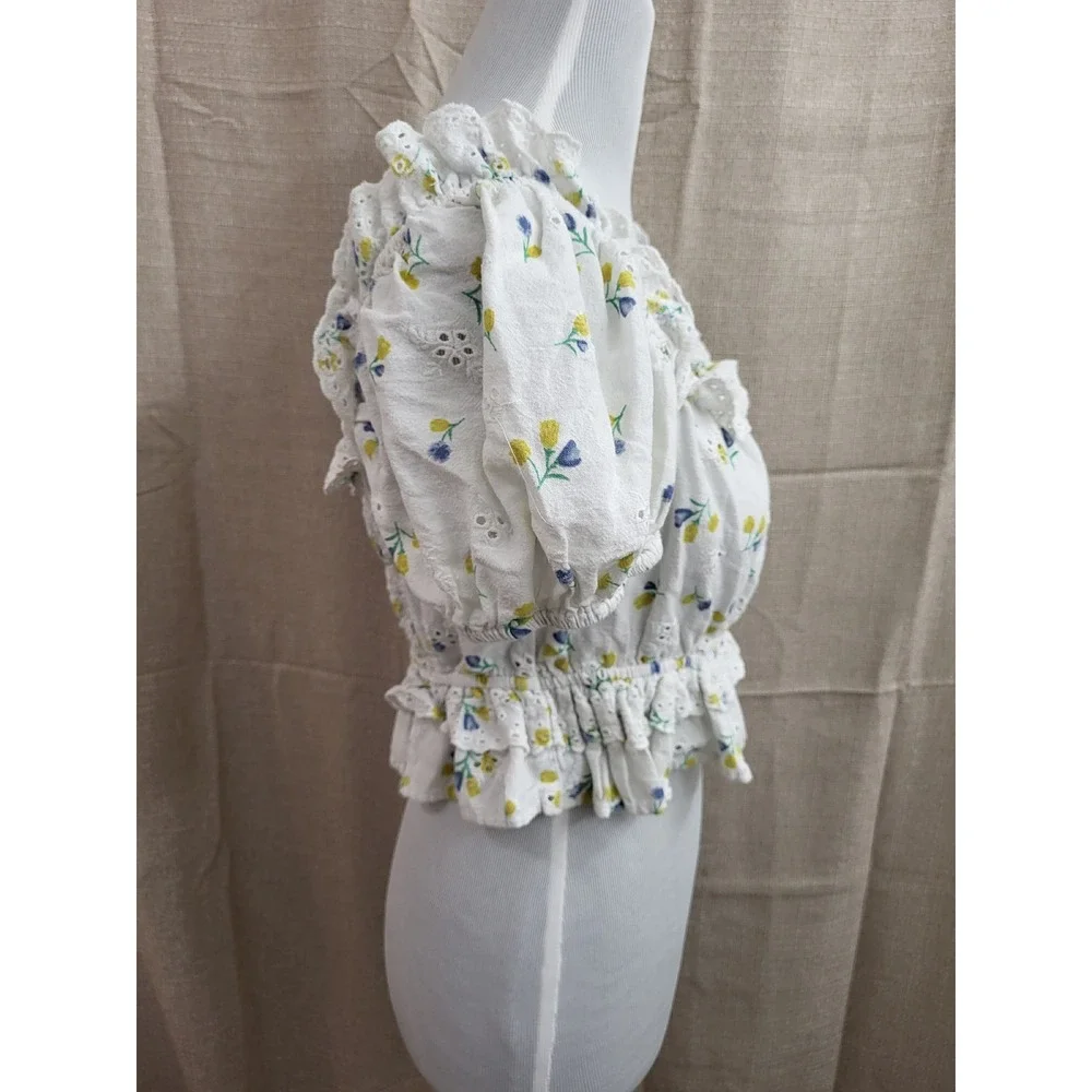 Zara White Yellow Floral Eyelet Smocked Crop Top Blouse Puff Sleeve Large